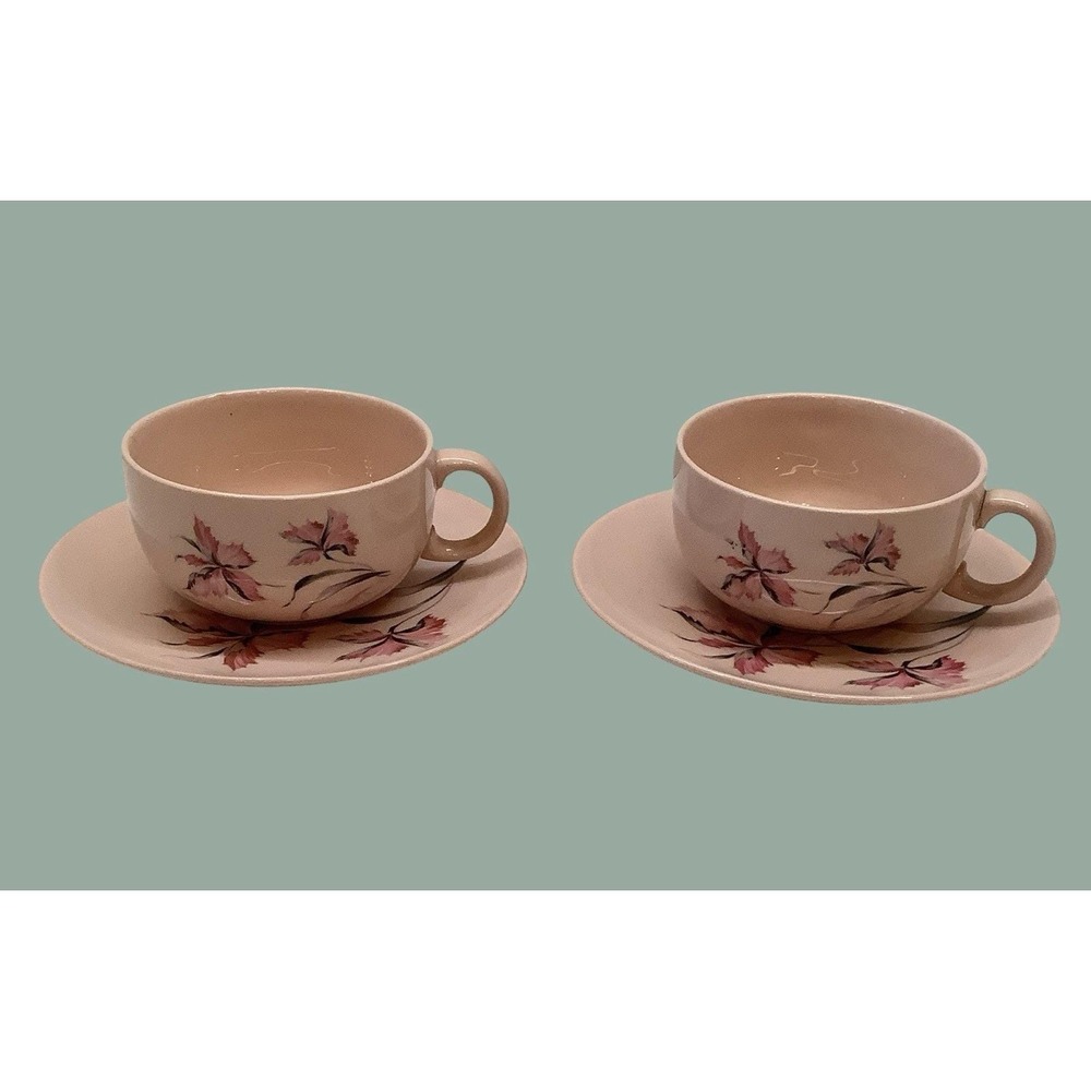 Crooksville Handpainted Carnation Delight Pink Tea Cup & Saucer Set Of 2